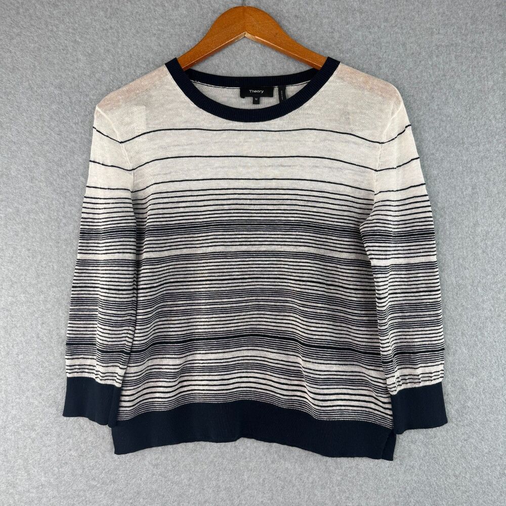 Theory Stripped Black/White Linen Blend Pullover Sweater 3/4 Sleeve Preppy Sz M